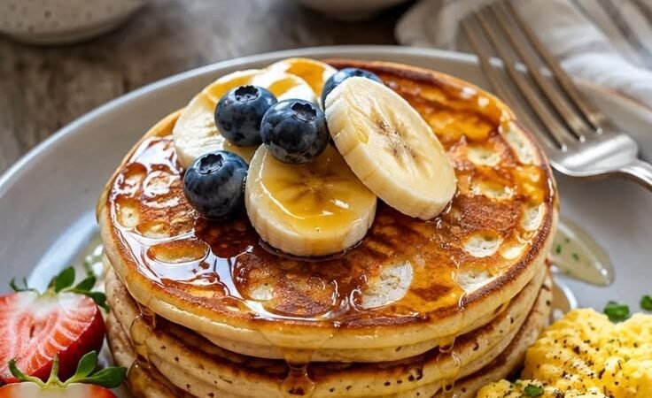 Fluffy Homemade Pancakes with Blueberries, Bananas & Maple Syrup