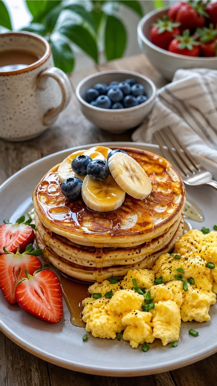 Fluffy Homemade Pancakes with Blueberries, Bananas & Maple Syrup