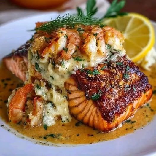 Shrimp-Topped Salmon with Garlic Butter Sauce