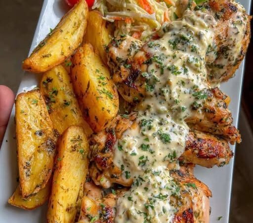 Creamy Herb Sauce Chicken with Roasted Potato Wedges