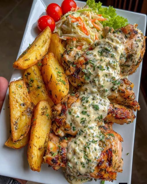 Creamy Herb Sauce Chicken with Roasted Potato Wedges