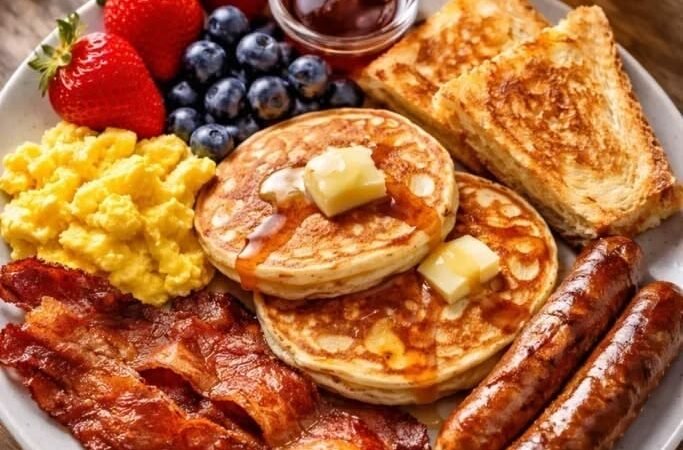 Classic American Breakfast Plate – Pancakes, Eggs, Bacon & Sausage