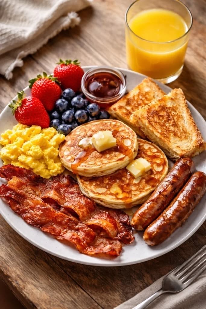 Classic American Breakfast Plate – Pancakes, Eggs, Bacon & Sausage