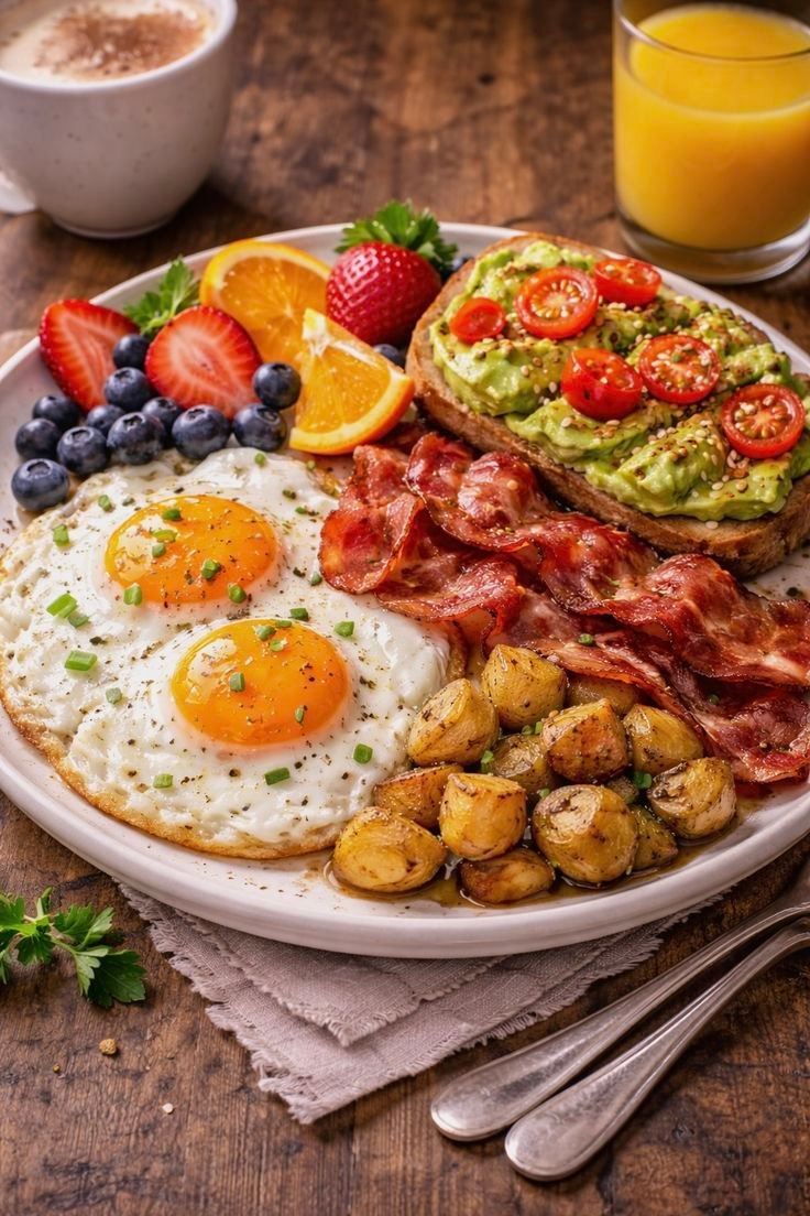 Healthy Breakfast Plate with Avocado Toast, Eggs, Bacon & Roasted Potatoes
