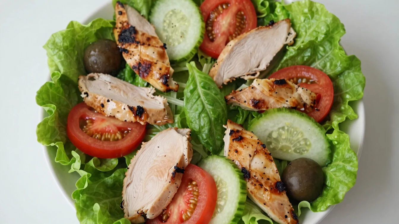 Overhead shot of a fresh salad with grilled chicken and vibrant v