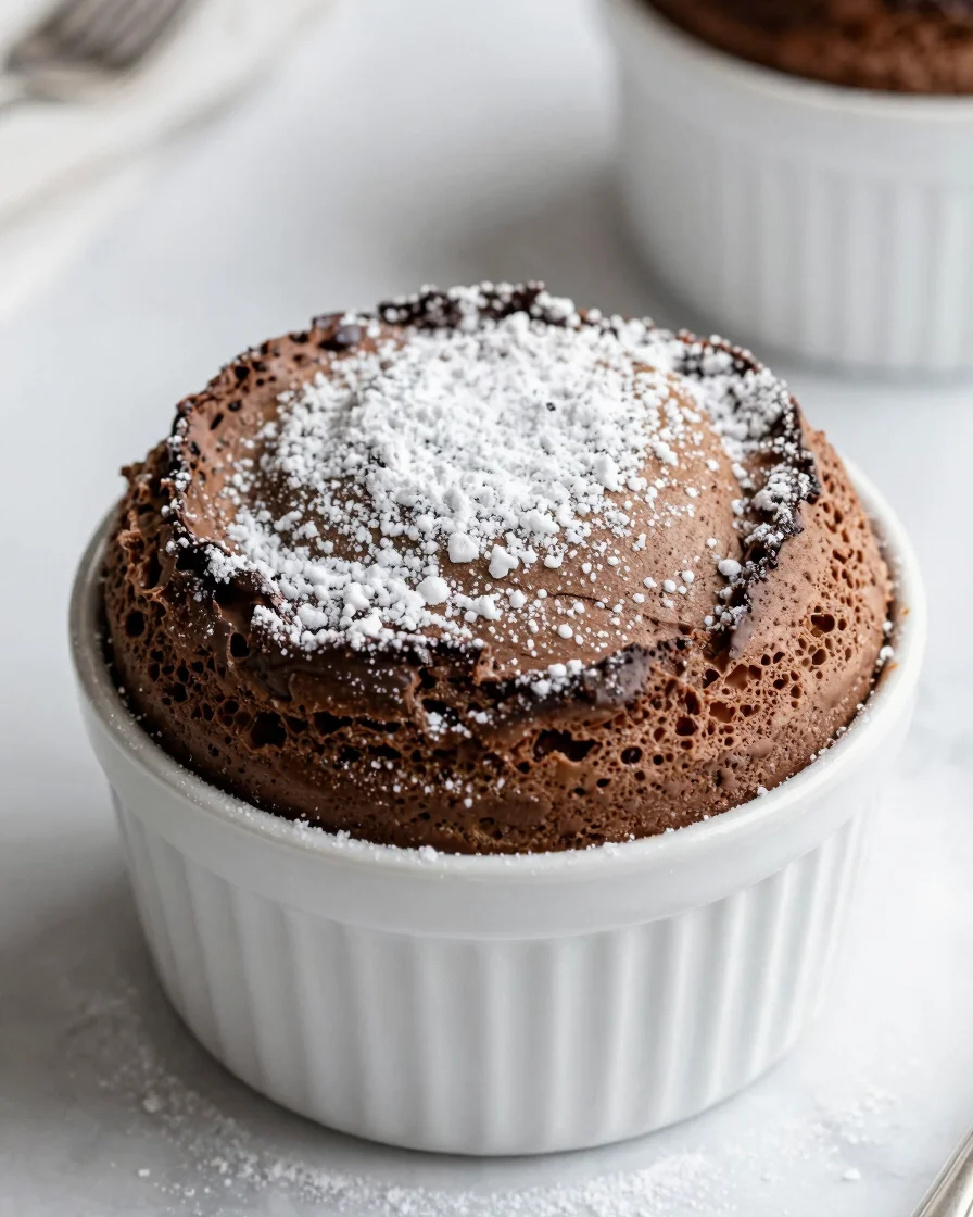 45-degree angle food portrait of a perfectly risen chocolate soufflé in a white ramekin, dusted with powdered sugar, sof