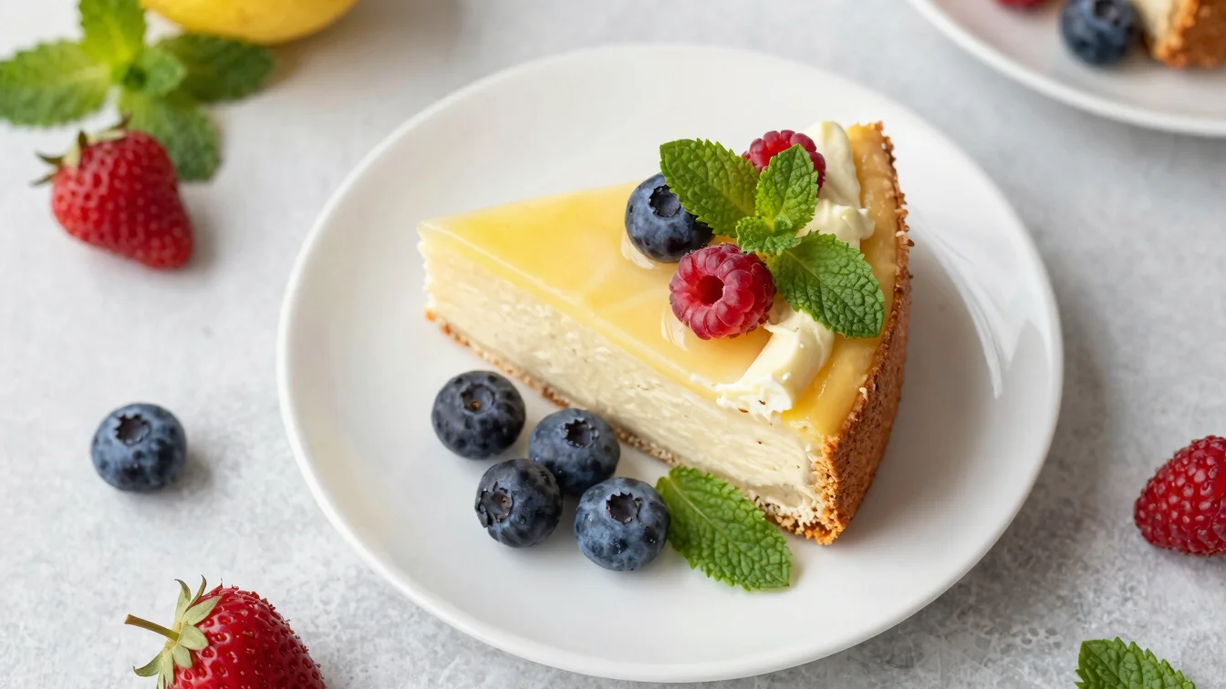 Overhead flat-lay composition of a slice of lemon ricotta cake on a white plate, garnished with fresh berries and a mint