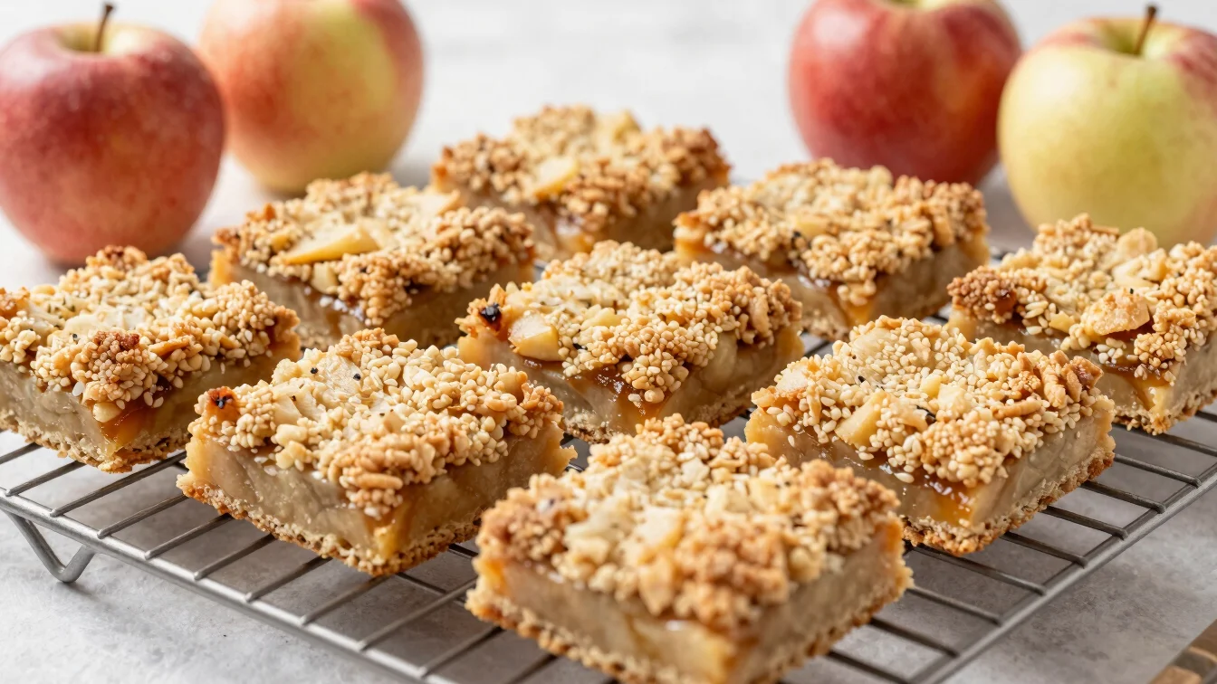 45-degree angle food portrait of golden-brown apple crumble bars on a cooling rack, with a few apples in the background,