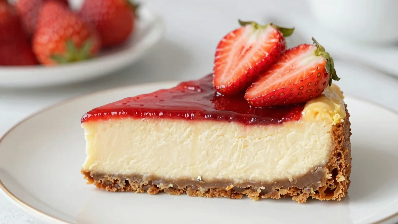 Close-up of a slice of no-bake cheesecake on a dessert plate, topped with fresh strawberries, soft natural daylight, ric