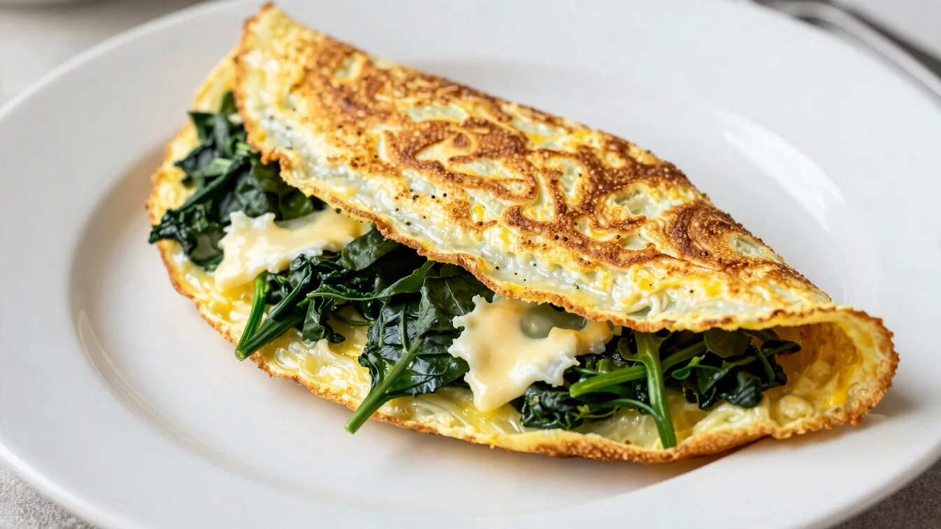 Close-up of a golden-brown omelet filled with spinach and cheese, folded on a white plate, soft natural daylight.