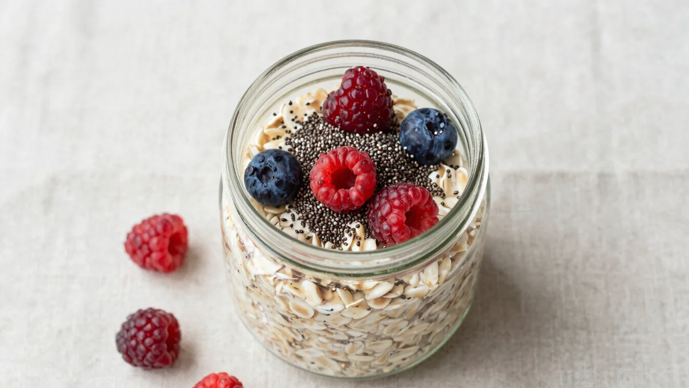 Overhead shot of a glass jar filled with overnight oats, topped with fresh berries and chia seeds, on a light linen surf