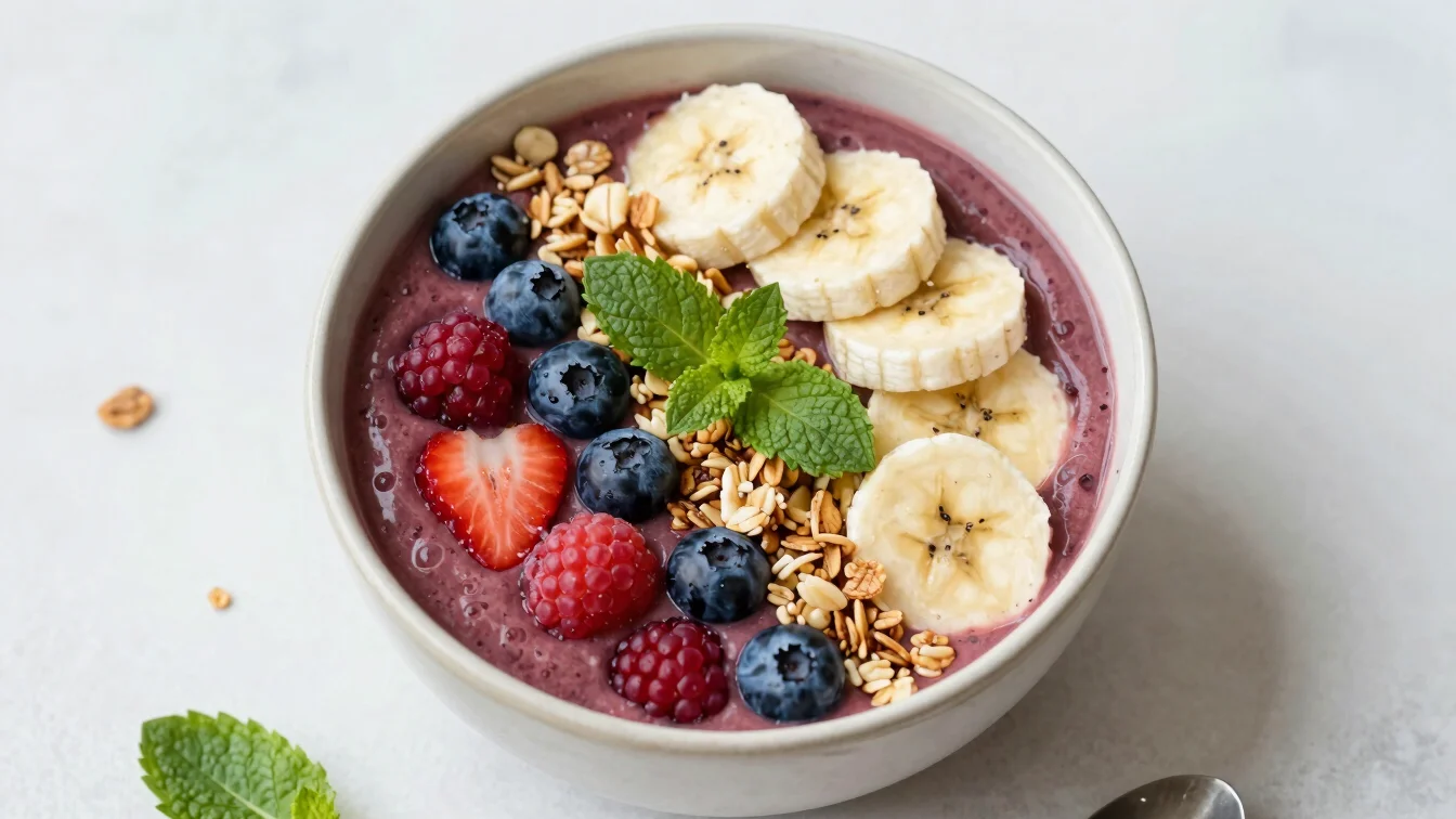Bright overhead shot of a colorful berry smoothie bowl, garnished with sliced banana, granola, and mint, in a ceramic bo