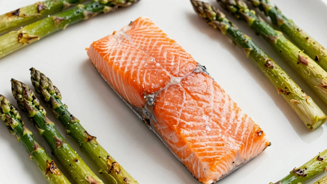 Overhead shot of a hearty salmon fillet with roasted asparagus, s