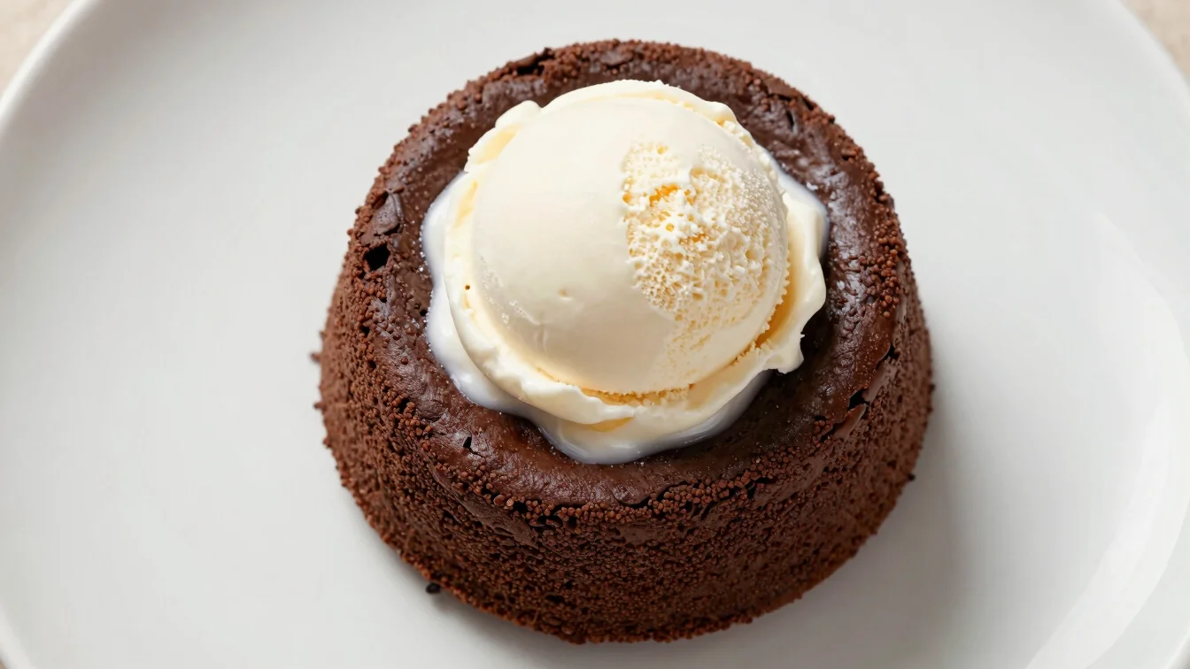 Overhead shot of a chocolate lava cake with a scoop of vanilla ic