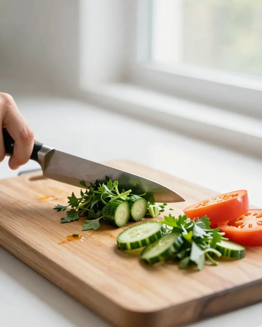 Close-up 45-degree editorial food photo of a chef knife neatly dicing fresh herbs and crisp vegetables on a wooden cutti