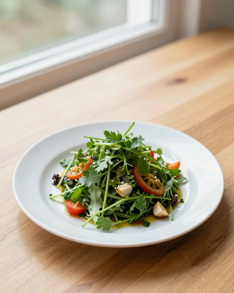 Fresh plated dish on a clean wooden table with soft natural windo