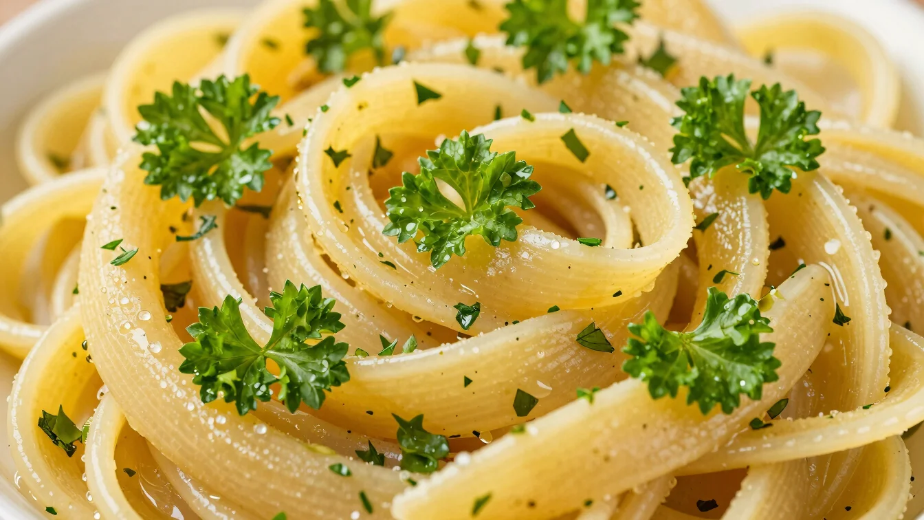 Close-up of lemon herb pasta garnished with fresh parsley, soft natural daylight, rich saturated colors.