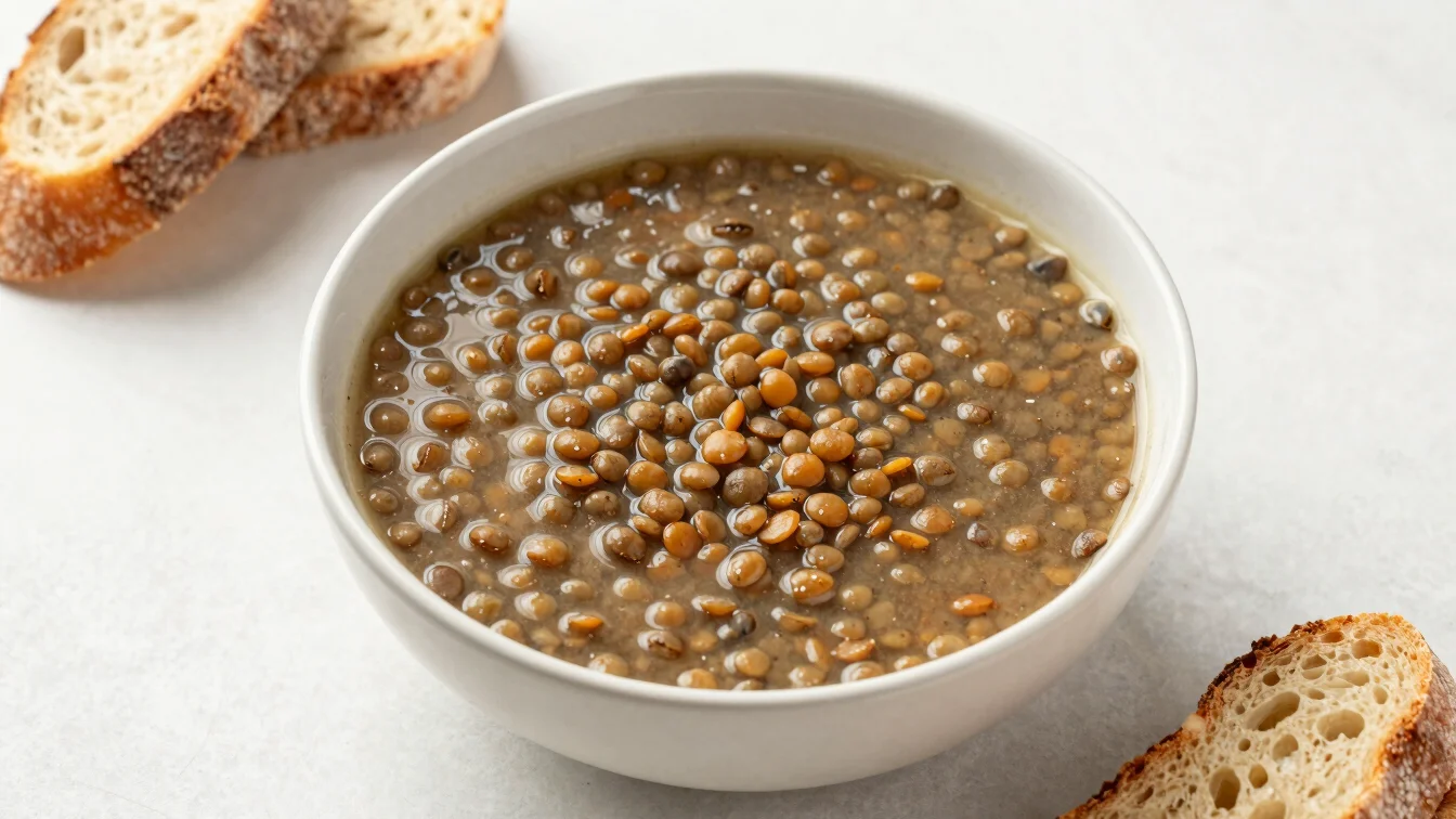 Overhead shot of a bowl of hearty lentil soup with crusty bread, natural window daylight, clean composition.