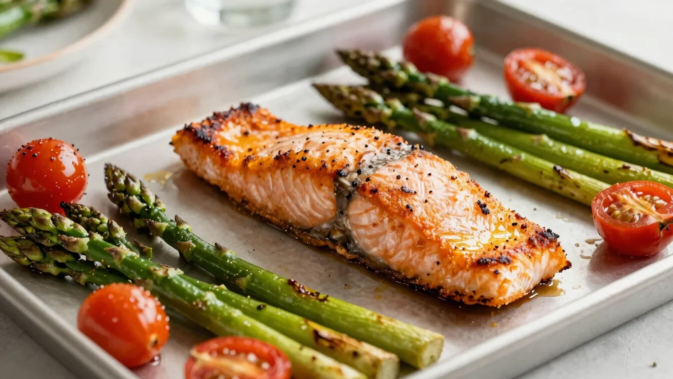 Crispy baked salmon fillet with roasted asparagus and cherry tomatoes on a sheet pan, soft natural daylight.