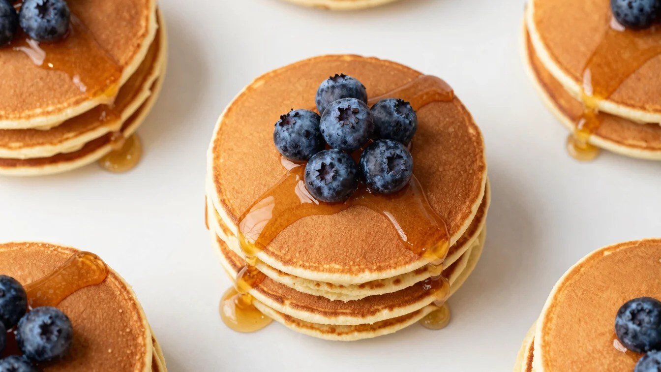 Overhead shot of fluffy pancakes with berries and maple syrup, so