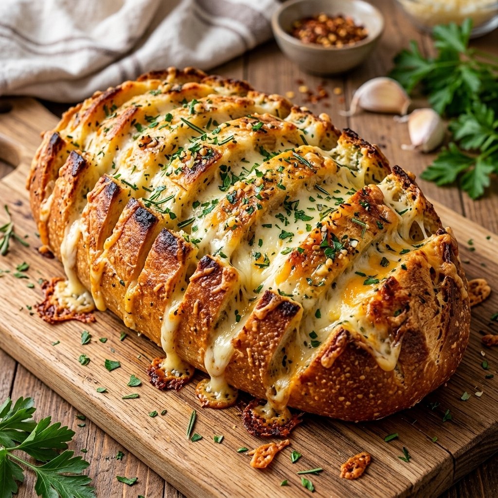 Cheesy Garlic Bread Loaf with Herbs and Crispy Edges