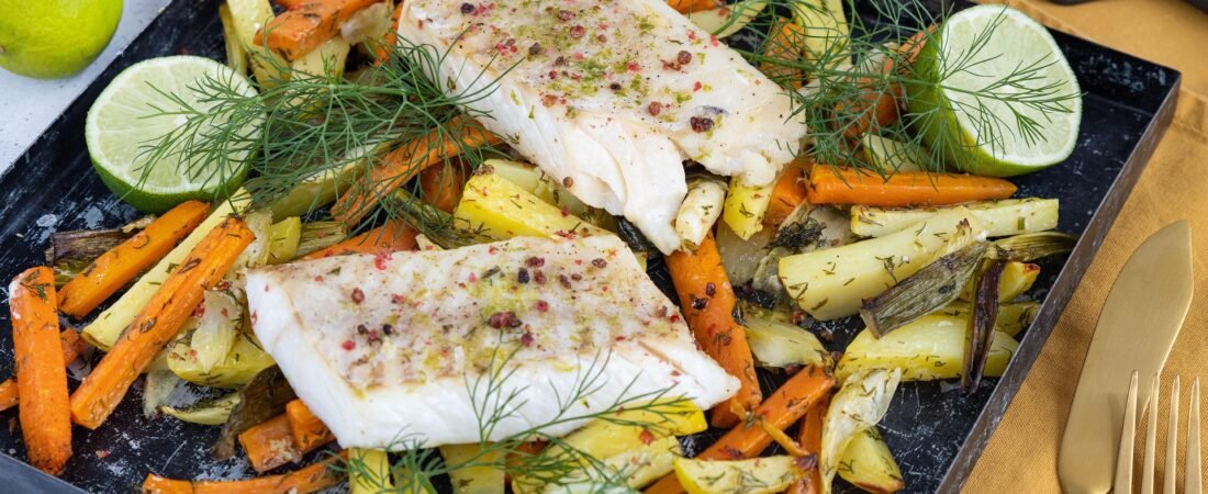 Sheet Pan Baked Cod with Roasted Carrots, Potatoes, Fennel and Lime