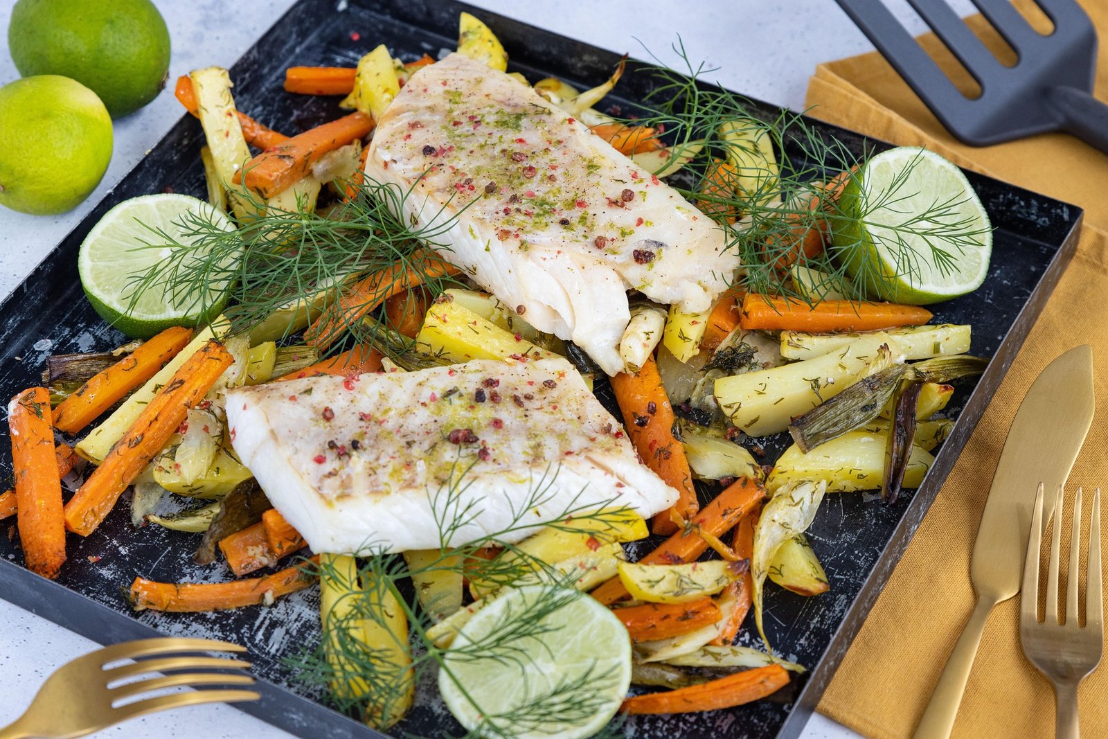 Sheet Pan Baked Cod with Roasted Carrots, Potatoes, Fennel and Lime