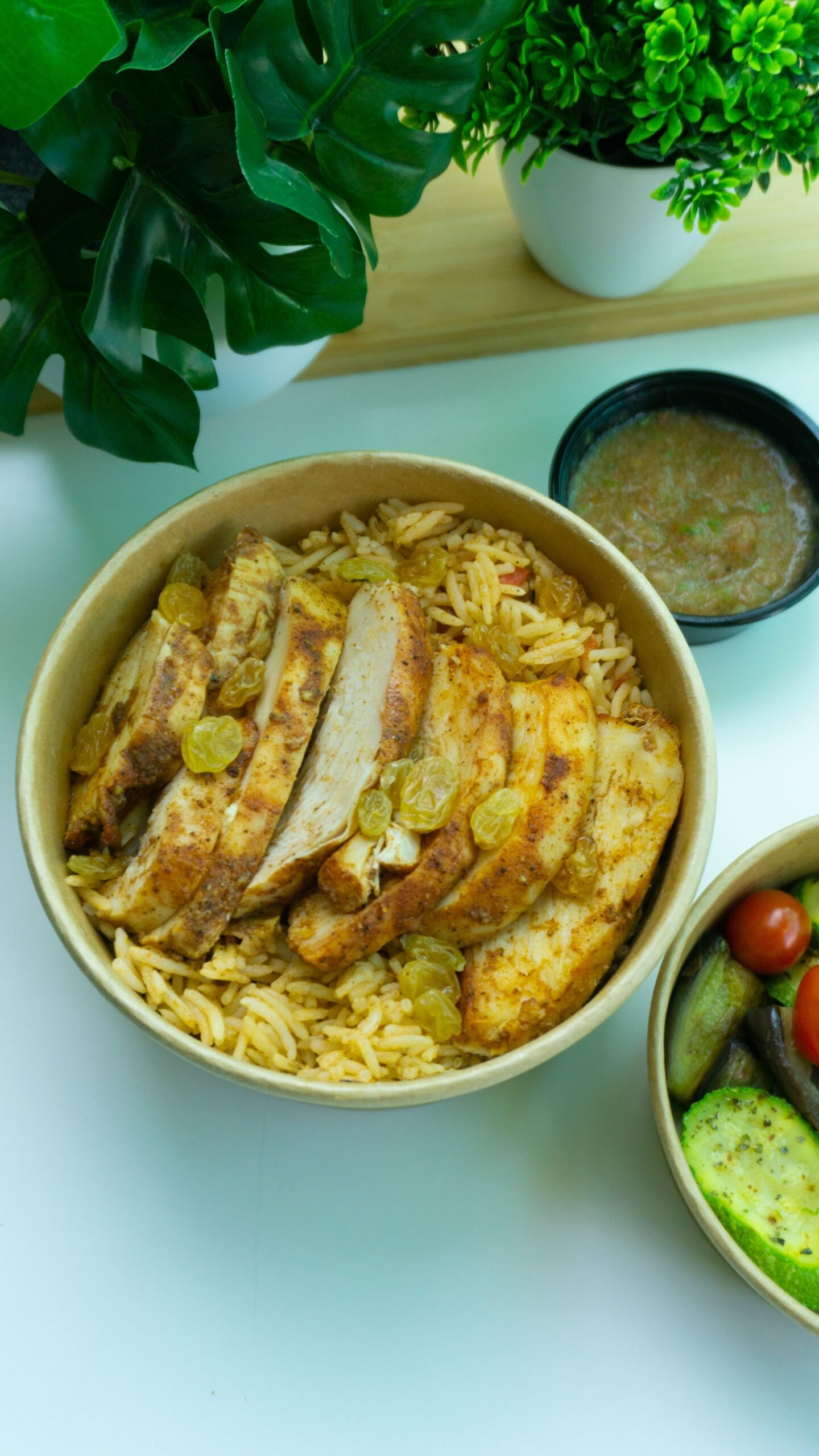 Spiced Chicken Breast Rice Bowl with Golden Raisins and Roasted Vegetables
