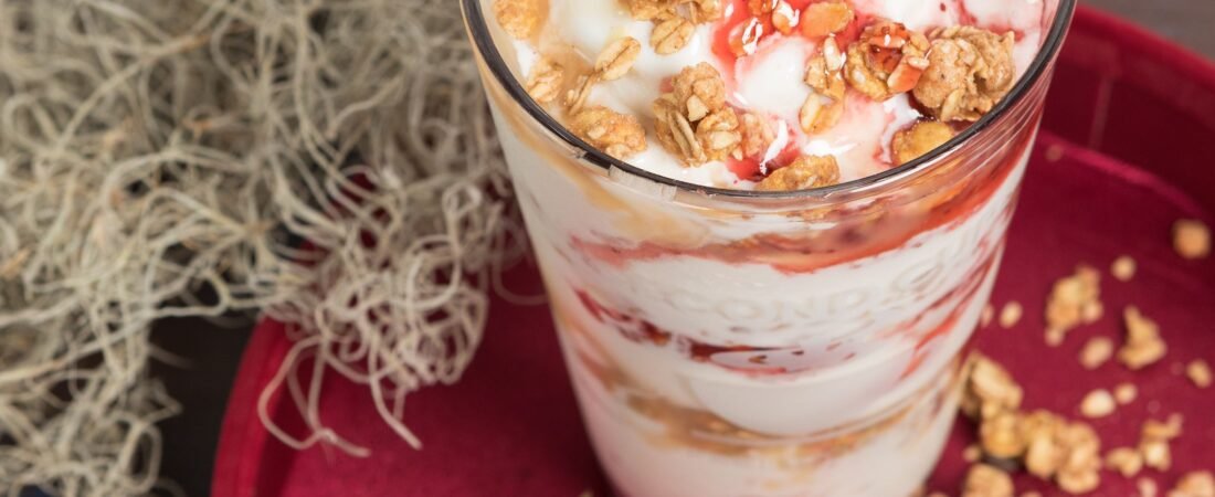 Strawberry Yogurt Parfait with Crunchy Granola and Honey