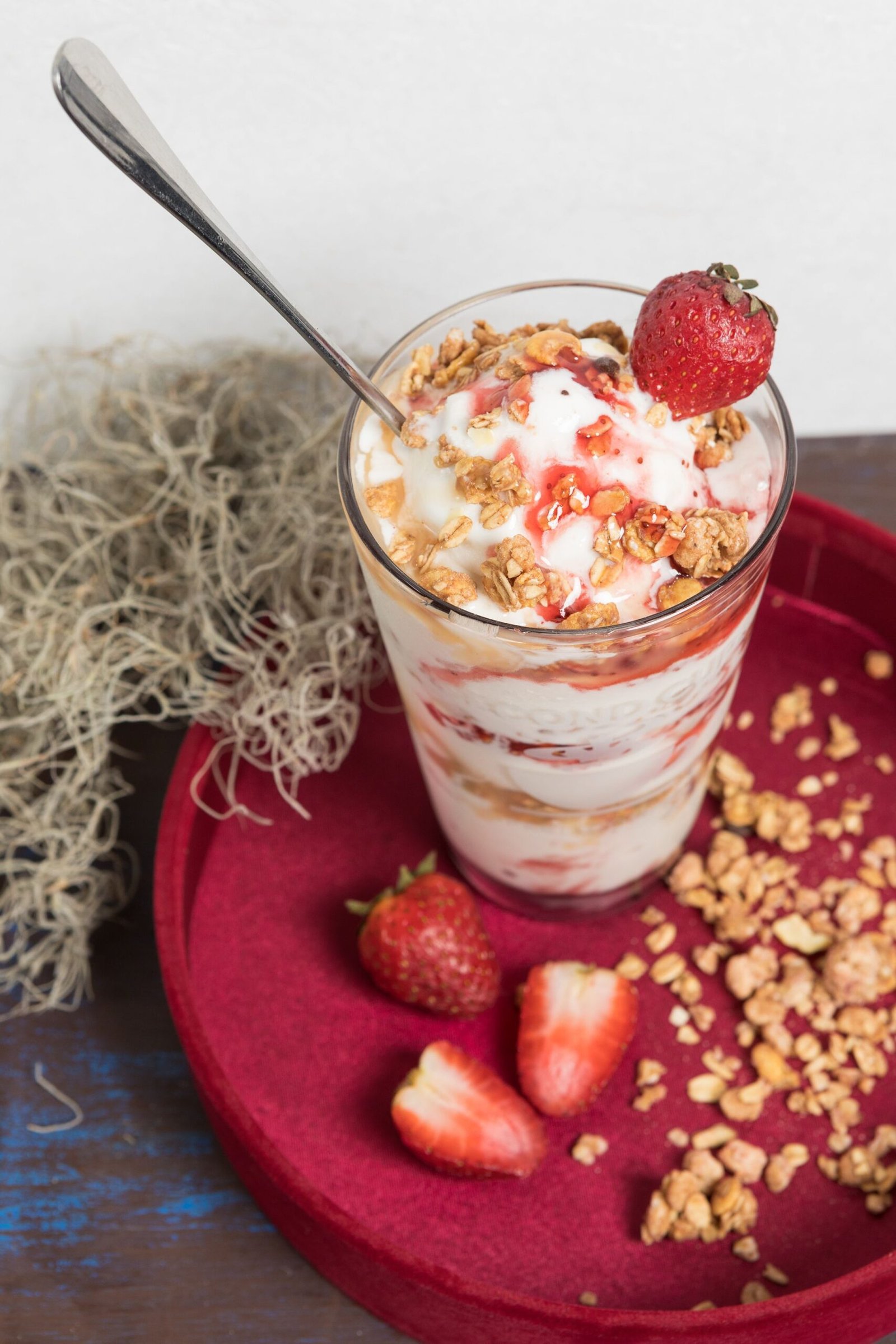 Strawberry Yogurt Parfait with Crunchy Granola and Honey