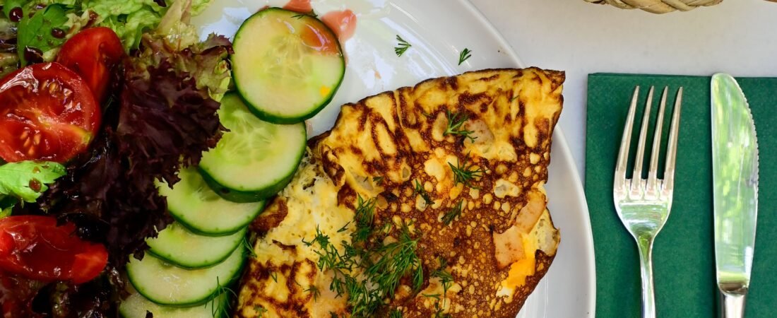 Fluffy Ham and Cheese Omelette with Fresh Dill and Garden Salad