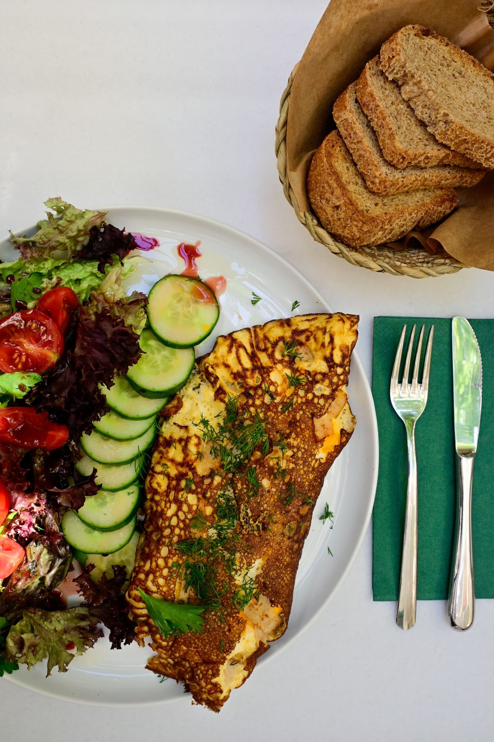 Fluffy Ham and Cheese Omelette with Fresh Dill and Garden Salad