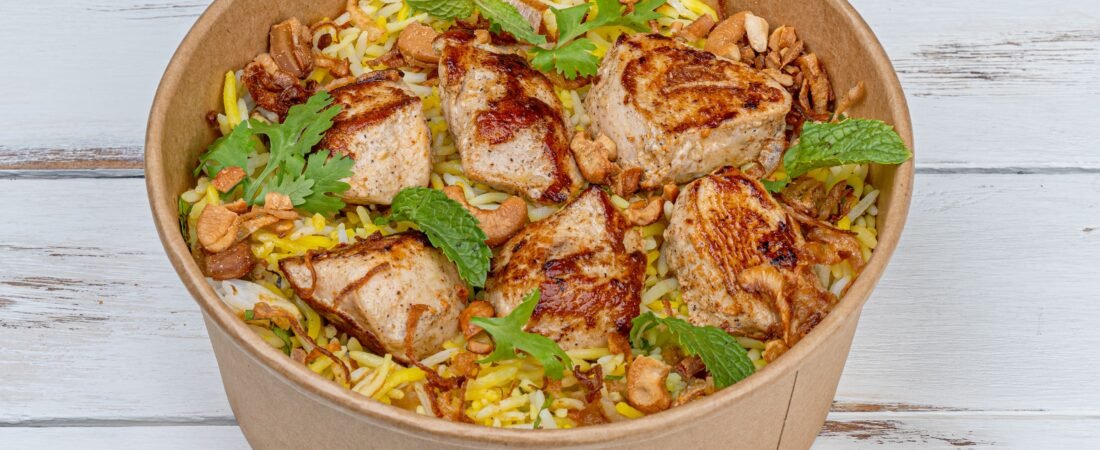 Chicken Biryani Bowl with Saffron Rice, Crispy Onions and Cashews