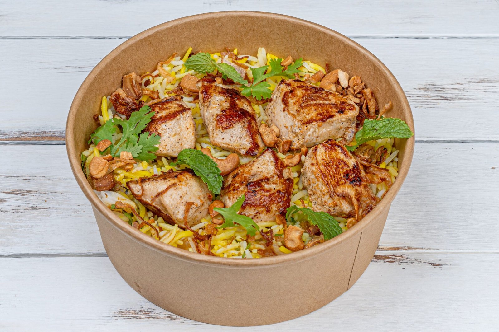 Chicken Biryani Bowl with Saffron Rice, Crispy Onions and Cashews