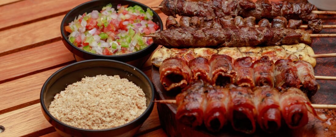 Brazilian-Style Grilled Meat Skewers (Espetinhos) with Vinaigrette Salsa and Toasted Farofa