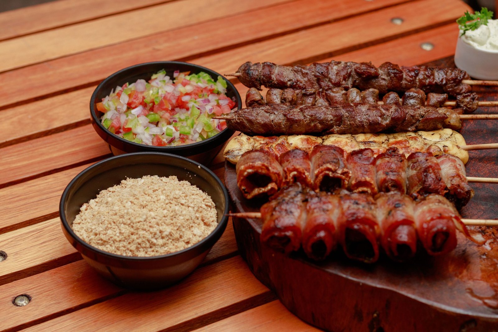 Brazilian-Style Grilled Meat Skewers (Espetinhos) with Vinaigrette Salsa and Toasted Farofa